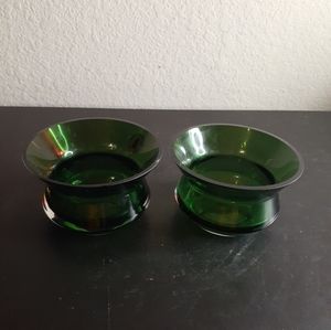 EXQUISITE Artist Signed Skruf Sweden Green Glass 3" Votive Holder Set of 2.